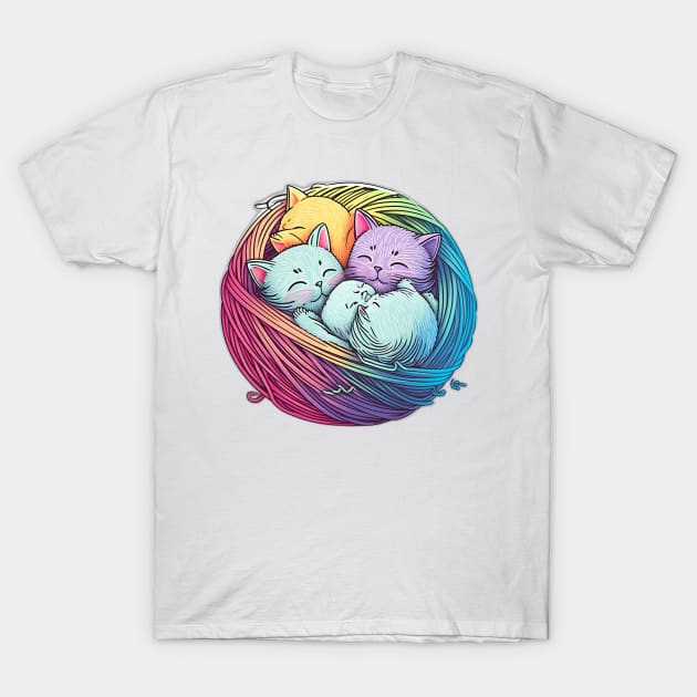 Colourful Kittens in a Ball of Yarn T-Shirt by Remix Rick